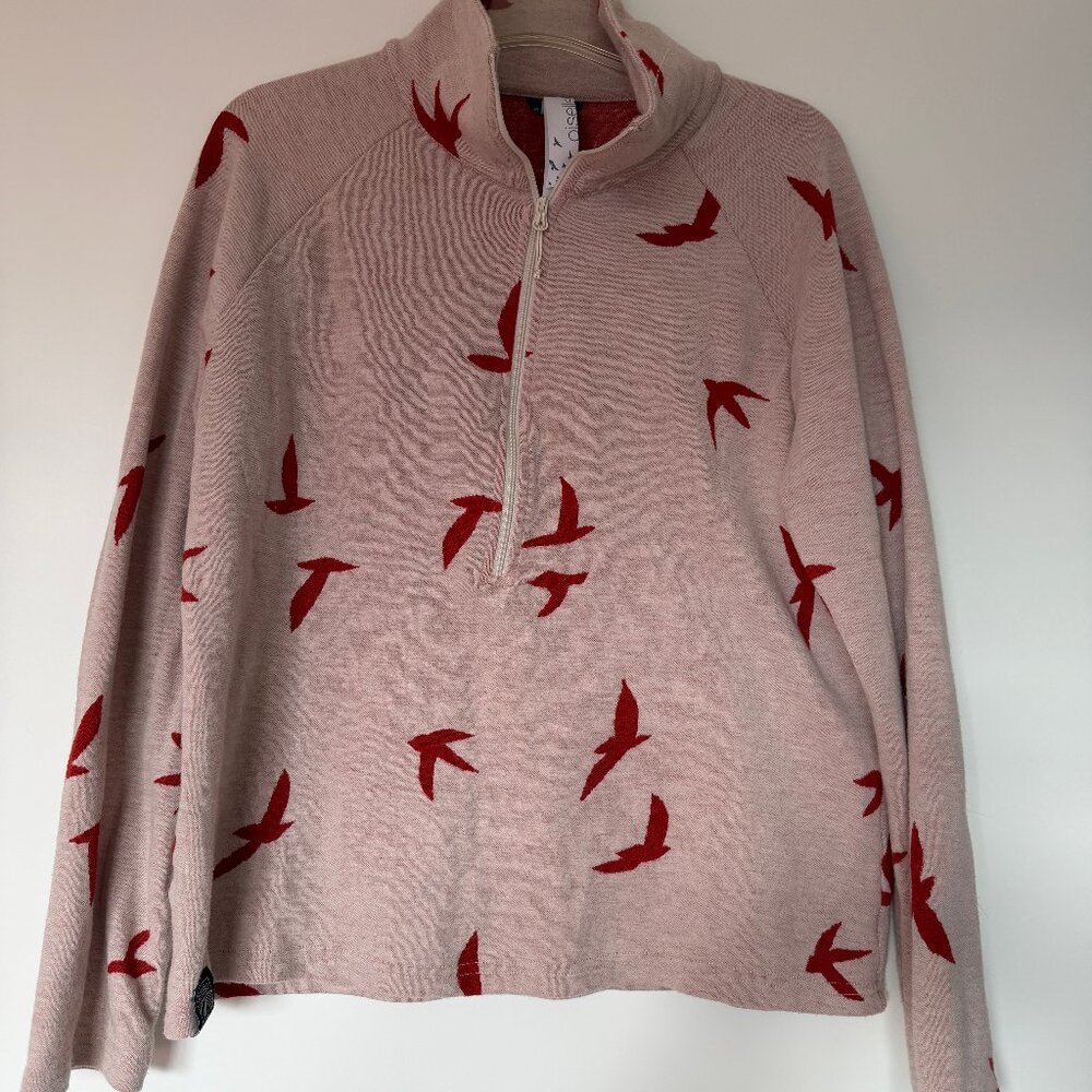Oiselle Red Pink Wazzie Wool Jacquard Half Zip Sweater 100% Merino Size L